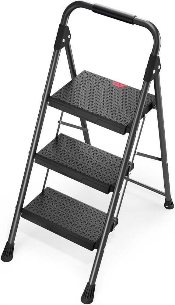 KINGRACK Step Ladder, Portable Folding Step Stool with Anti-Slip Wide Pedals, Heavy Sturdy Steel with Handrail, Safe-Lock Design, 800lbs Load Capacity, for Home and Kitchen, Black (3 Step Ladder) - Image 1 - Lot 9231