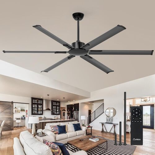 Amico Ceiling Fans without Lights, 72 inch Industrial Indoor/Outdoor Ceiling Fan with Remote Control, Reversible, 6 Blades, Noiseless, Black Ceiling Fan for Patio, Porch, Garage, shop, Farmhouse - Lot 9266