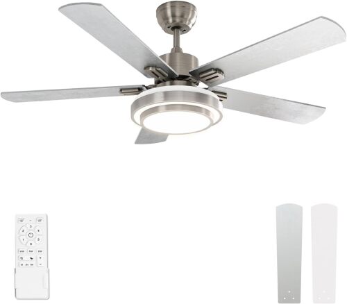 warmiplanet Ceiling Fan with Lights Remote Control, 52 Inch, Brushed Nickel (5-Blades) - Lot 9215