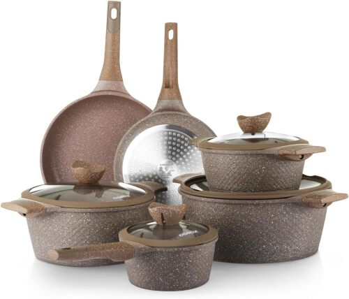 Pots and Pans set for cooking nonstick, 10Pcs, Durable Aluminum cookware set, PFOA-free, Kitchen pans set with glass lid, Induction safe, Taupe (10) - Lot 9225