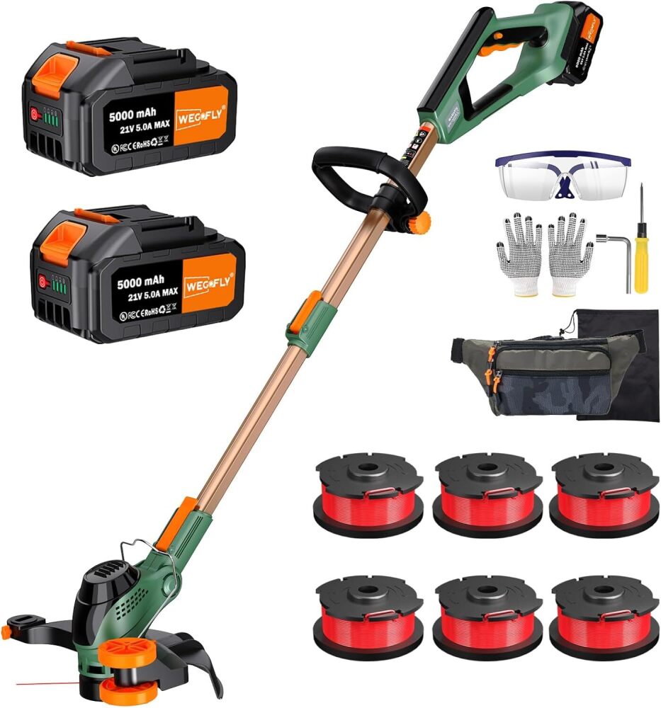12-Inch String Trimmer Cordless,(2 x 21V 5.0Ah Batteries & Charger), 2 in 1 Trimmer & Edger, Electric Weed Wacker with Auto Rope Spool Feed, 6 Pcs 4M Spool Line for Yard, Garden, Green - Image 1 - Lot 9383