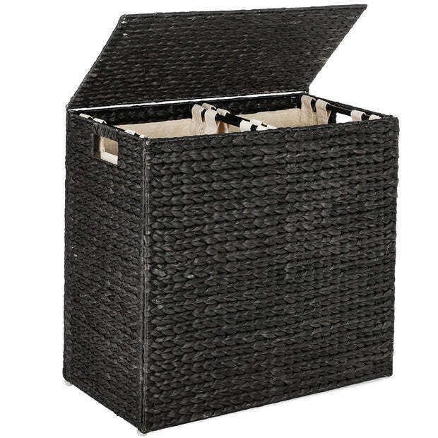 Large Water Hyacinth Double Laundry Hamper Basket w/ 2 Liner Bags - Image 1 - Lot 9336
