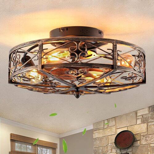 Caged Ceiling Fans with Lights,20" Flush Mount Fandelier Ceiling Fan with Lights and Remote,6 Wind Speeds Smart Low Profile Farmhouse Ceiling Fan for Bedroom,Kitchen,Living Room,Include 4 Bulb - Lot 9134