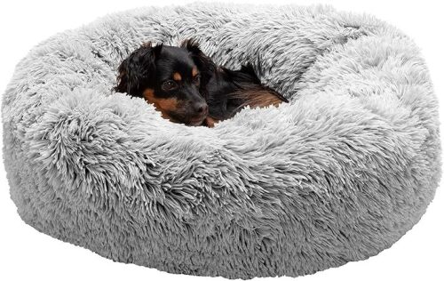 Furhaven 30" Round Calming Donut Dog Bed for Medium/Small Dogs, Refillable w/ Removable Washable Cover, Up to 45 lbs - Shaggy Plush Long Faux Fur Donut Bed -Mist Gray, Medium,30.0"L x 30.0"W x 10.0"Th - Lot 9233