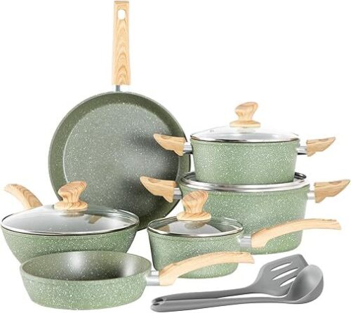 Kitchen Academy Non Toxic Pots and Pans Set Non Stick - 12 Piece Induction Cookware Sets, Green Granite Nonstick Cooking Pot and Pan Set - Lot 9362