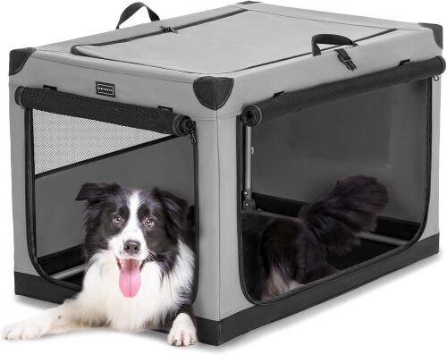 PETSFIT Soft Sided Dog Crate, with Patented Adjustable Fabric Cover, Chewproof & Lockable Mesh Doors, Waterproof Base Kennel Indoor Grey 36 Inch - Lot 9533