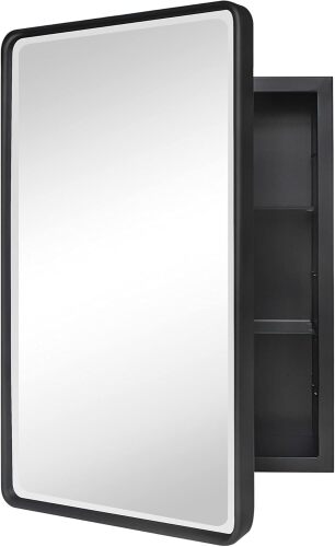 TEHOME Farmhouse Black Metal Framed Recessed Bathroom Medicine Cabinet with Beveled Mirror Rounded Rectangle Bathroom Medicine Cabinet 16x24 inch - Lot 9539