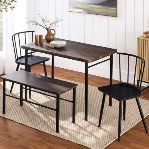 4-Piece Farmhouse Dining Table Set w/ 2 Black Spindle Chairs, Bench, Table - Lot 9571