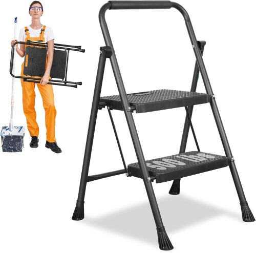 2 Step Ladder, Protable Steel Folding Stool with Wide Anti-Slip Pedal, 500lbs Sturdy Steel Ladder - Lot 9579