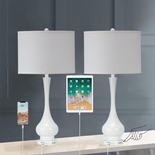 Table Lamps for Living Room Set of 2,30" Tall Bedside Farmhouse Lamps,Bedroom Nightstand Lamps with USB Port, 3-Way Dimmable Modern Large Table Lamps with White Shade (Bulbs Included) - Lot 9589