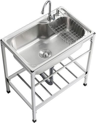 Outdoor Garden Sink Single Trough For Washing, Small Stainless Steel Utility Kitchen Hand Basin Station Sink Tub with Storage Shelve and Faucet, for Restaurant, Bar, Laundry, Garage, Backyard - Lot 9594