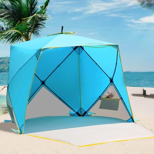 Old Bahama Bay Pop Up Beach Tent, Portable Shade Sun Shelter UPF50+ UV Protection for 4 Person Extendable Floor for Fishing Hiking Camping, Waterproof Windproof - Lot 9599