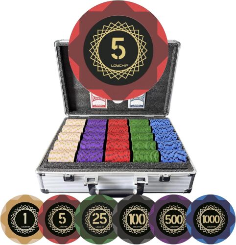 LOYCHIP Clay Poker Set with Numbered Chips 1000-pcs for Card Board Game, 14g Weight with Playing Cards for Texas Hold'em, Blackjack Gambling, Late Night Poker Games - Lot 9602
