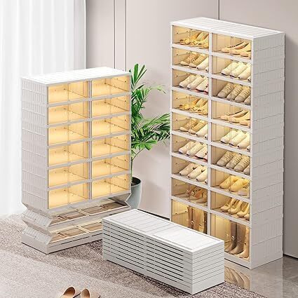 9-Tier Foldable Shoe Rack Organizer for Closet,36Pairs Collapsible Plastic Shoe Shelf,Large Shoes Cabinet with Door,Clear Stackable Storage Box Easy Assembly - Lot 9620