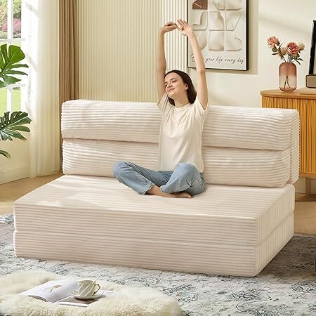 Folding Sofa Bed, Convertible Sleeper Chair with Pilow Foldable Matress, 2 in 1 Pull Out Loveseat Sofa Portable Fold Out Chair Bed Comfy Floor Couch Lounge for Living Room Bedroom, Beige,Full - Lot 9629