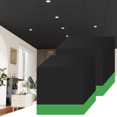 24 PCS 24 x 24 Inch Black Drop Ceiling Tiles, 2 x 2FT PVC Smooth Ceiling Panels - Waterproof, Fire-Rated to Prevent Breakage - Cover 96 Sq.Ft - Lot 9632