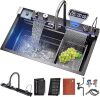 Kitchen sink double waterfall sink with LED display with cup washer, soap dispenser, waterfall mixer, worktop controller, etc. workstation kitchen sink (Gun grey, 31.5 * 18.1 * 8.7 IN) - Thumbnail 1