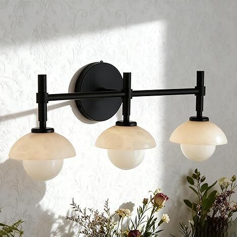 3-Light Mid-Century Modern Natural Alabaster Hand-Carved Wall Sconce, 21 Inch Vanity Light Fixture Over Mirror with Alabaster Shade, Wall Light for Hallway, Bathroom (Black) - Lot 9659