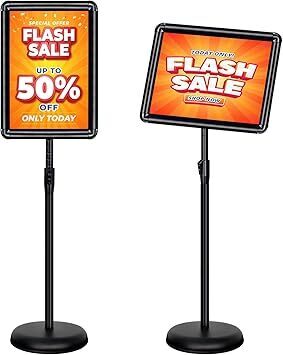 11x17 Inch Adjustable Pedestal Poster Sign Stand, Heavy Duty Floor Standing Sign Holder Stand Aluminum Snap Open Frame for Vertical and Horizontal View Sign Displayed (Black, Round) - Lot 9664
