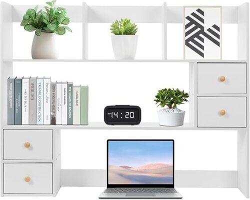 Desktop Bookshelf Wooden Desk Storage Hutch with 4 Drawers High-Capacity Off-Sueface Books Organizer for Computer Desk,Home Office Desktop Stand,College Dorm,White - Lot 9667