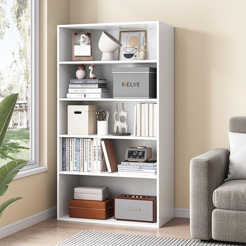 Basic Open Shelf Bookcase - 5-Tier Wooden Cube Storage Shelves Split Bookshelf, White - Lot 9675