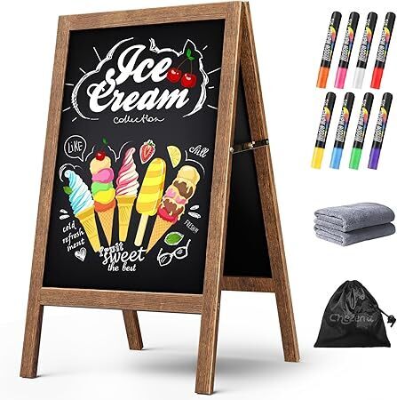 A Frame Chalkboard Sign, 40"x20" Extra Large Sidewalk Chalk Board, Wooden Standing ChalkBoards Set with Markers, Double-Sided Magnetic Blackboard for Cafés, Weddings, Party Guide, Brown - Lot 9677