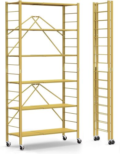 Himix 6 Tier Foldable Storage Shelves, Expandable Folding Bookshelf with Wheels, Changeable into 2 Shelf Units, Collapsible Adjustable Storage Rack Metal Shelves for Garage Kitchen, Basement, Gold - Lot 9680