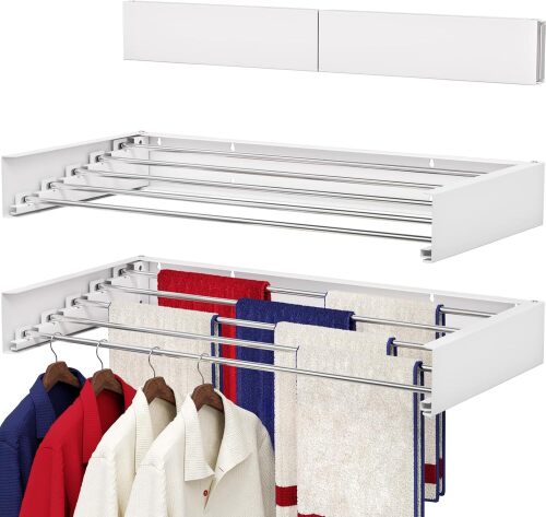 Wall Mounted Drying Rack 31.5", Foldable Laundry Drying Rack with Stainless Steel Rods, Retractable Laundry Space Saver for Indoor & Outdoor Use, Include Wall Template - Lot 9685