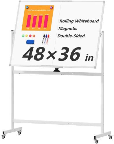 Large Rolling Whiteboard on Wheels, 48" x 36" Double-Sided Mobile White Board with Stand, 4' x 3' Portable Standing Magnetic Dry Erase Board Easel for Home Office Classroom School, Silver - Lot 9690
