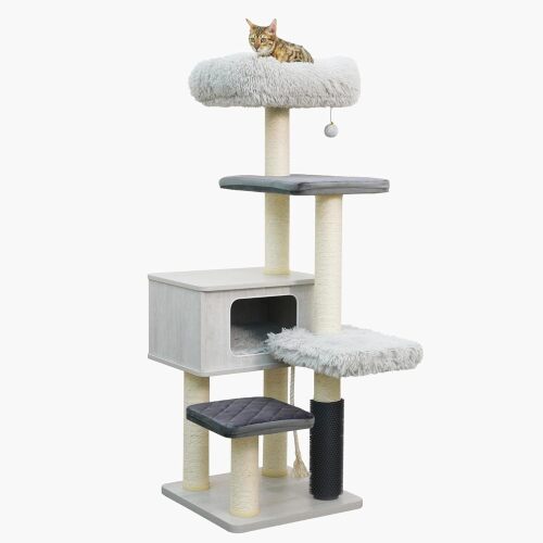 Catry Kasio 6 Level 54" High Modern Cat Tree with Laminated Wood Condo,Replaceable Scratching Posts,Removeable Washable Beds, Self Grooming Brush and Toys.(Light Gray) - Lot 9736