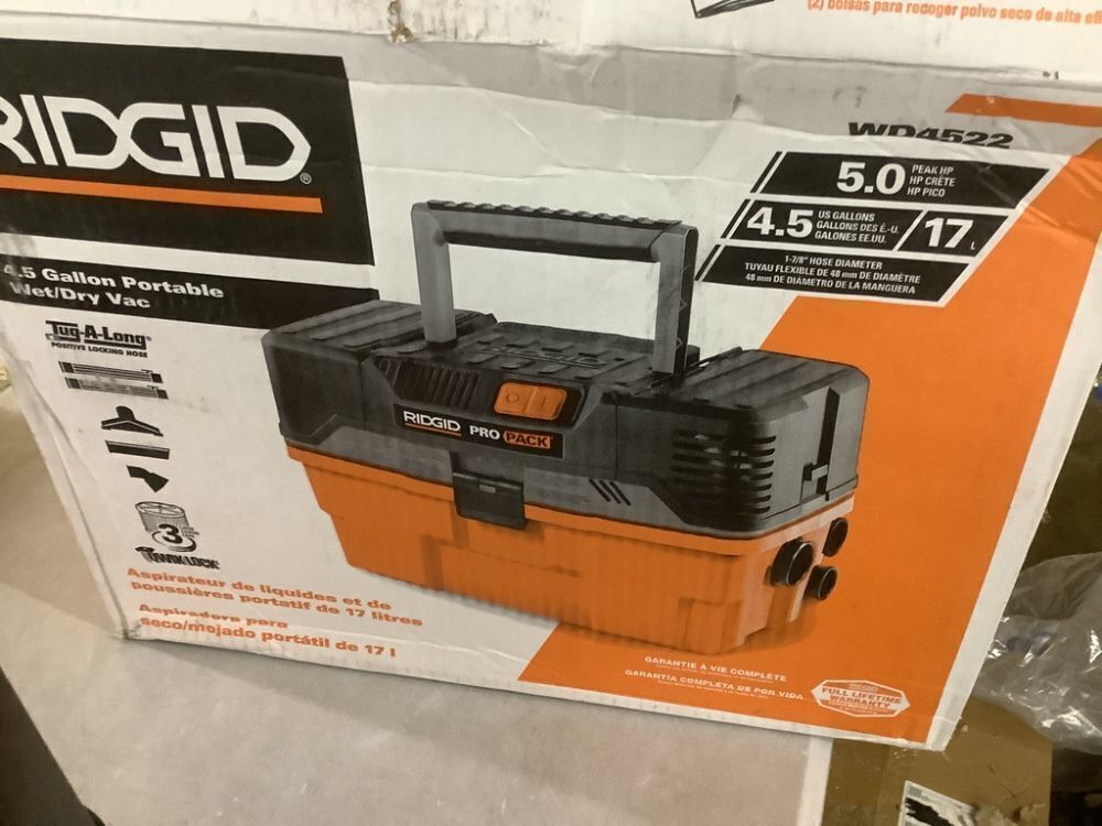 RIDGID 4.5 Gal. 5.0 Peak HP PRO PACK Shop Vacuum Wet Dry Vac with Fine Dust Filter, Expandable Hose and Accessories - Image 8 - Lot 89JF