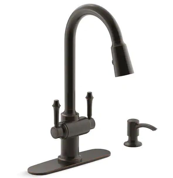 KOHLER Thierry Two Handle Pull-Down Sprayer Kitchen Faucet with Soap Dispenser in Oil-Rubbed Bronze - Image 1 - Lot 93JF