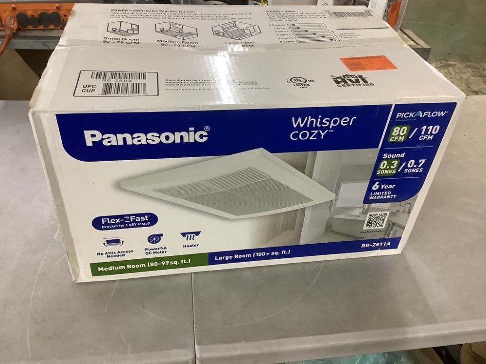Panasonic Whisper Cozy DC 80/110 CFM Pick-A-Flow Ceiling Bathroom Exhaust Fan/Heater with Flex-Z-Fast Easy Install Bracket - Image 2 - Lot 134JF