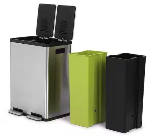 16 Gallon Rectangular Hands-Free Dual Compartment Recycling Kitchen Step Trash Can with Soft-Close Lid, Stainless Steel - Lot 135JF