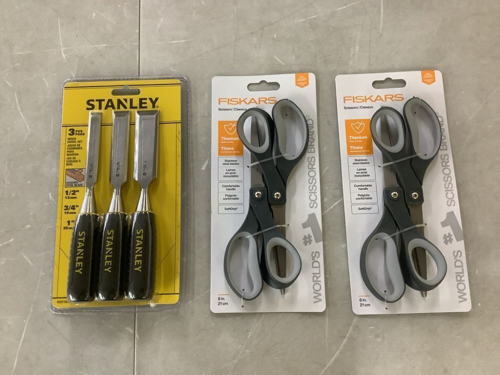 Stanley Wood Chisel Set & (2) Fiskars 2 Pack 8" Scissors - Image 1 - Lot 342JF