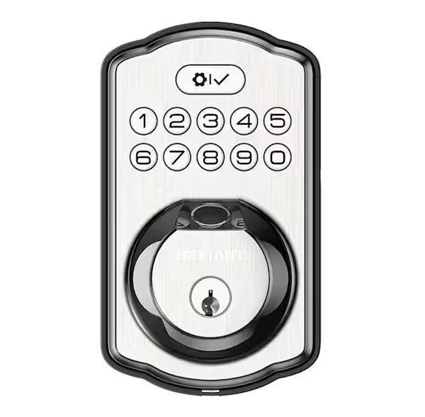 Defiant Single Cylinder Castle Electronic Deadbolt Satin Nickel with Biometric Fingerprint and Keypad - Image 1 - Lot 637JF