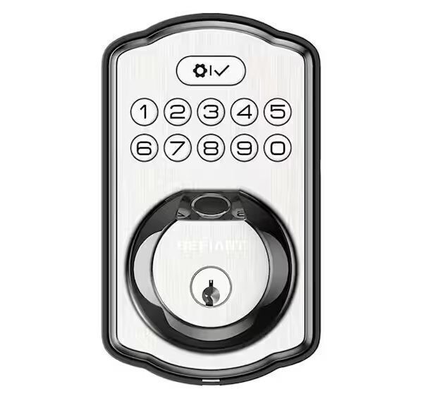 Defiant Single Cylinder Castle Electronic Deadbolt Satin Nickel with Biometric Fingerprint and Keypad - Image 1 - Lot 639JF