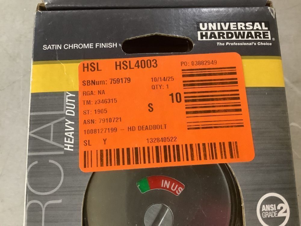 Universal Hardware Occupancy Indicator Deadbolt, Non-handed, Adjustable Backset, Satin Chrome Finish - Image 3 - Lot 745JF