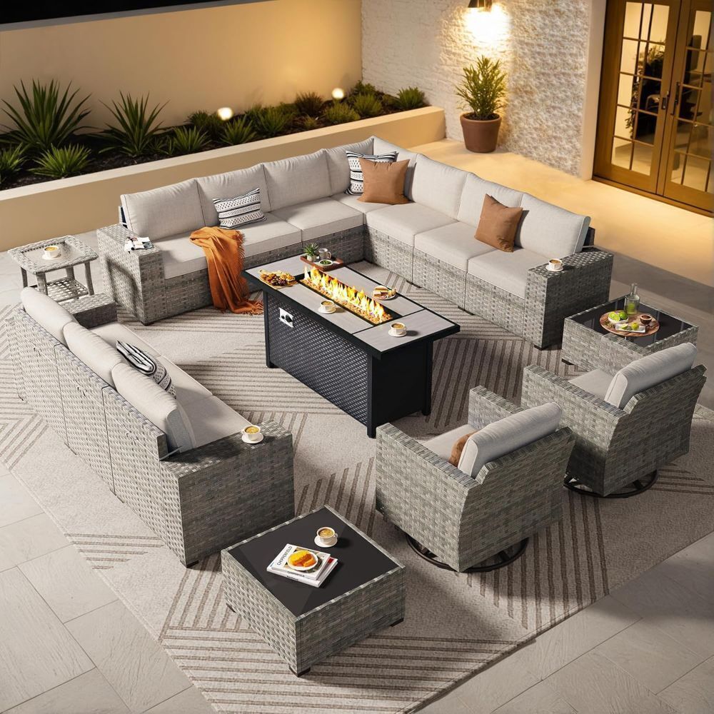 Wicker Sectional Patio Furniture Set with 54" Fire Pit Table - Similar to Stock Photo, 1 Extra Side Table, 1 Extra Chair, 4 Ottomans, No Corner Pieces & Only 1 Coffee Table - Image 1 - Lot 4JF