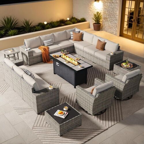 Wicker Sectional Patio Furniture Set with 54" Fire Pit Table - Similar to Stock Photo, 1 Extra Side Table, 1 Extra Chair, 4 Ottomans, No Corner Pieces & Only 1 Coffee Table - Lot 4JF