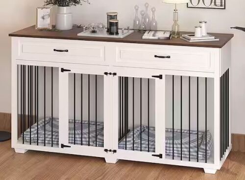 FUFU&GAGA White Wooden Accent Storage Cabinet Dog Crate with 2-Drawers for Large Dog - Lot 17JF