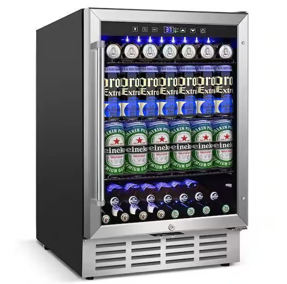 SOZT 23.4 in. Single Zone 180-Cans Beverage Cooler With 3 Removable Shelves, Built-in Blue Light, Stainless Steel - Image 1 - Lot 19JF
