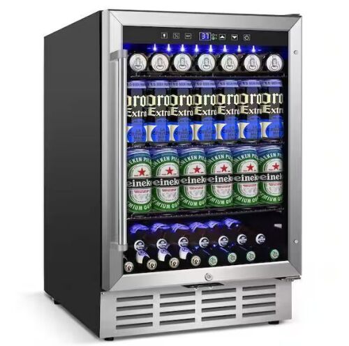 SOZT 23.4 in. Single Zone 180-Cans Beverage Cooler With 3 Removable Shelves, Built-in Blue Light, Stainless Steel - Lot 19JF