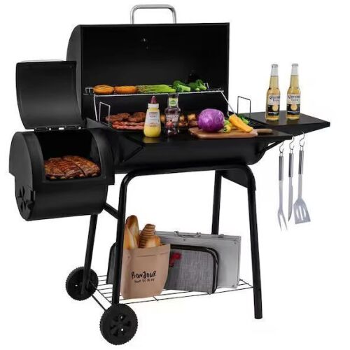Royal Gourmet Charcoal Grill in Black with Offset Smoker and Side Table - Lot 24JF