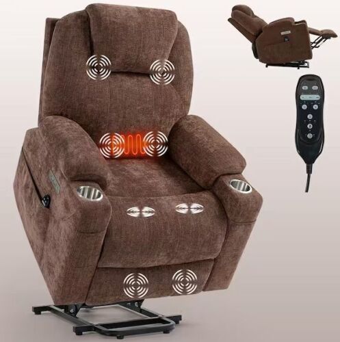 Boyel Living Brown Chenille Fabric Electric Lift Recliner Chairs Power Recliner Chair with USB Port Cup Holder and Storage Pocket - Lot 43JF