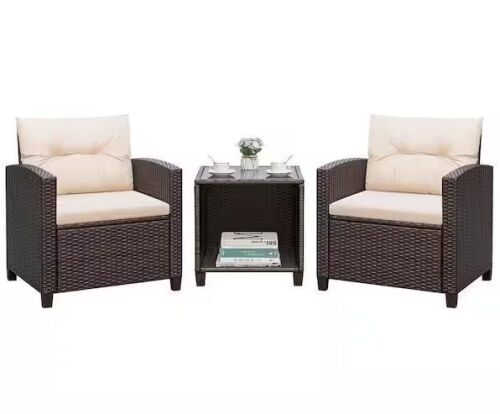 Tozey Brown 3-Piece Wicker Patio Conversation Set with Cream Cushions - Lot 45JF