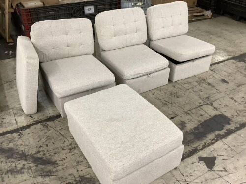 3 Armless Sectional Sofa Pieces with Storage (1 Has Damaged Hinges), 1 Ottoman & 1 Extra Cushion - Lot 57JF