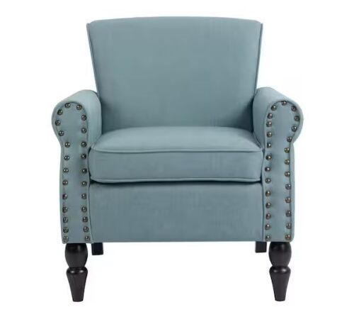 Uixe Mid-Century Retro Wooden Brown Legs Light Blue Upholstered Accent Armchair With Nailhead Trim - Lot 63JF