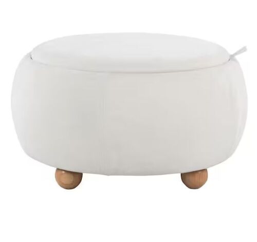 Lumisource Tray Pouf White Fabric and Natural Wood Storage Ottoman - Lot 102JF