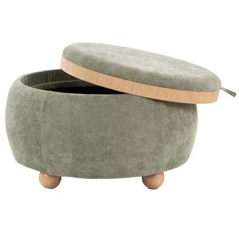 Lumisource Tray Pouf Green Fabric and Natural Wood Storage Ottoman - Lot 113JF